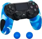 Silicone Thicker Half Skin For PS4/ SLIM/ PRO Controller x 1 + Thumb Grip x 2 (White Blue)