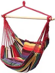 WEQOJKSHLL Hammock Swing Chair – Indoor & Outdoor Hanging Chair with Wooden Spreader Bar, Durability Canvas Chair Hanging Swing for Indoor and Outdoor, Colorful Stripe Design,Red,with Cushion