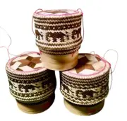 Krathip, Thai handicraft, sticky rice basket, bamboo box with Thai elephant patt