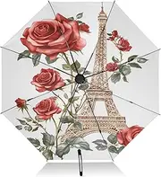 [RPLIFE] Windproof Travel Umbrella, Auto Open Close, Compact Travel Umbrella, Backpack Purse Portable, Ideal for Women, Vintage Eiffel Tower Red Roses