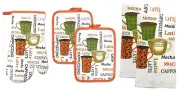5 pc SET: 2 POT HOLDERS,1 OVEN MITT & 2 TOWELS, COFFEE CUPS & FLAVORS by KC