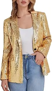 [Kelyaa] Women's Sequin Suit Jacket Open Front One Button Long Sleeve Blazers Party Sparkly Cardigan Coat with Pockets