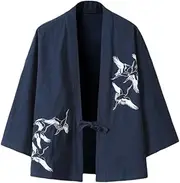 [Generic] Men's Cotton and Linen Chinese Style V-Neck Plus Size Cardigan, Chinese Style Embroidered Cardigan Jacket