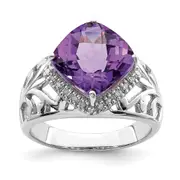 Sterling Silver 14K White Gold Plated Checker-Cut Amethyst u0026 Diamond Gemstone Birthstone Ring Fine Jewelry Gift for Her