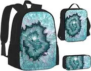 [ERCgad] Teal Agate Print Canvas 3-In-1 School Bags Set Backpack Lunch Bag Pencil Case Combo For Men Women, Black, One Size