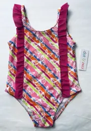 NWT Dot & Zazz Girl Swim XS 4/5 Bathing suit 1pc Butterfly Ruffle Swimsuit UPF50