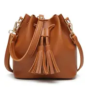 Women PU Leather String Shoulder Bag Luxury Bucket Bags Fashion Girls Tassel Crossbody Handbag