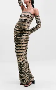 [Dima Ayad] Metallic Jacquard-Knit Gathered Strapless Dress