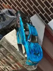 CUSTOM PAINTED RC BODY, TRAXXAS MAXX V2, CANDY BLUE CHROME FLAMES, 100% AIRBRUSH