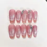 10 PCS Fake Nails With French Sparkling diamond Design Fake Nails Wearable Full Coverage Hand Pressed Nail Tips