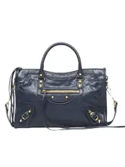 Balenciaga Classic City Medium Midnight Blue Crinkled Leather Tote Bag
