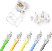 VCE Cat6 RJ45 Pass Through Connectors 100-Pack, 3-Prong 50u Gold Transparent