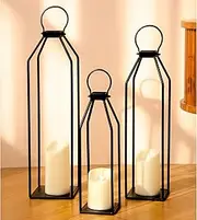 Perfnique Set of 3 Black Metal Lanterns w/ 6hr Timer Flickering Flameless Candles, Modern Farmhouse Lanterns Decorative for Outdoor Decor, Home, Front Porch, Indoor, Patio, Dining Table, Garden, Firep