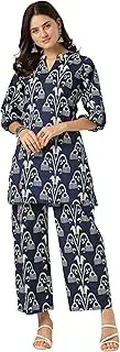 [Janasya] Indian Women's Kurta Kurti Set for Women Pure Cotton Navy Blue Ikkat Balloon Sleeve Casual Above Knee Kurta Kurti Set