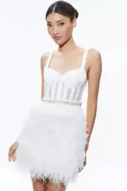 ALICE + OLIVIA SHIA SHEER BUSTIER FEATHERED OFF WHITE/ALMOND MINI DRESS SZ NWT