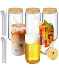 Drinking Glasses Bamboo Lids and Glass Straw 6pcs Set 16oz Can Shaped Glass Cups