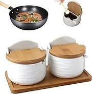 Salt Containers for Kitchen Counter – Set of 2 Ceramic Salt Keepers with Wooden Lid and Spoon – Salt and Sugar Storage Jars for Cooking, Seasoning, Countertop or Restaurant Use – Stylish Jars wi