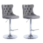 Gray Velvet Bar Stools Adjustable Swivel Counter Height Chairs with Tufted Back and Nailhead Trim for Kitchen Island Pub Restaurant (2Pcs, Chrome Meta