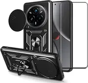 CNPUTAO Case for Realme 14 Pro+ 5G with Tempered Glass Screen Protector,Sliding Camera Window, Kickstand, Shock-Proof Anti-Scratch Dual-Layer Phone Cover,Black