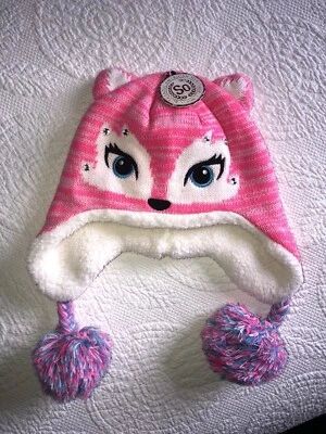 NWT SO Authentic American Girls Sz 4-7 Fox Pink PomPom Beanie Hat w Ear Flap New