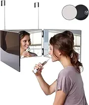 3 Way Mirror,360 Trifold Mirror with Height Adjustable Telescoping Hooks,and 5X Magnification Mirror,for Makeup, Hair Styling (Black)