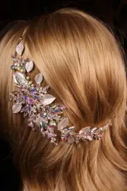 Floral Aurora Borealis Hair Comb Pins Silver Textured Leaf Rhinestone Vine