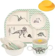 5Pcs/Set Bamboo Kids Dinnerware Set - Children Dishes - Food Plate Bowl Cup Spoon Fork Set Dishware, Cartoon Tableware, Dishwasher Safe Kids Healthy Mealtime, BPA Free (Dinosaur)