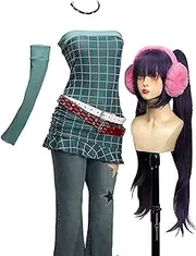 [Cosplay.fm] Women’s Cartoon Derivative Casual Outfit Plaid Tube Top and Star Cutout Flared Pants with Belt Gloves and Earmuffs