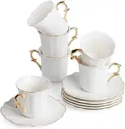BTäT- Small Espresso Cups and Saucers, Set of 6 Demitasse Cups (2.4 oz) with Gold Trim and Gift Box, Small Coffee Cup, White Espresso Cup Set, Turkish Coffee Cup, Porcelain Espresso Cup, Espresso Set