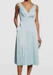 $246 Aidan By Aidan Mattox Women Blue V-Neck Pleated Satin Midi Dress Size 2