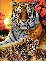 MXJSUA DIY Sunset Tiger Animal Diamond Art Kits for Adults, Diamond Art Painting Kits for Adults, Full Round Drill Diamond Gem Art Embroidery Kit, Diamond Dots Beads for Arts and Crafts 12x16In