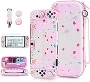 FUNDIARY Pink Carrying Case for Nintendo Switch OLED, Cute Elf Accessories Kit for Switch Console & Joycon with Travel Storage Bag, Dockable OLED PC Protective Cover, Screen Protector and 2 Thumb Caps
