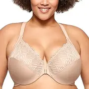 [Glamorise] Women's Plus Size Full Figure Front Close Lace T-Back Wonderwire Bra #1246
