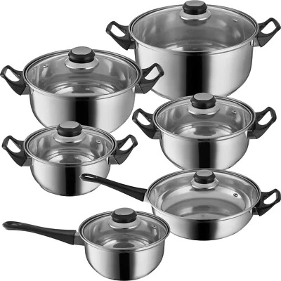 12 Piece Stainless Steel Cookware Set Fry Pan Casserole Saucepan Pot With Lid