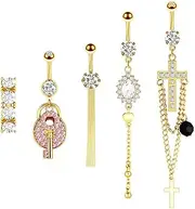 [Niaspi] 5Pcs 14K Gold Surgical Steel Dangle Belly Button Rings for Women Dainty Cubic Zirconia Cross Teardrop Long Tassel Dangle Belly Navel Barbell Ring Sparkle Body Piercing Jewelry for Wedding Party