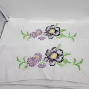 Set 2 Fancy Work Embroidered Pillowcases Purple Pansies Flowers Bed Breakfast