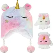 [Hifot] Unicorn Winter Hats and Gloves for Girls, Cute Fluffy Girls Earflap Beanie with Winter Mitten for Kids