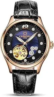 [carlien] Women Diamond Skeleton Automatic Mechanical Sapphire Waterproof Leather Girls Watch