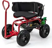 Garden Cart Rolling Scooter,Wagon Scooter w/360°Swivel Seat,Storage Basket,Backrest,Extendable Handle, Utility Tool Storage Tray,Seating Cushion,Garden Steerable Tool Scooter for Planting (Red)