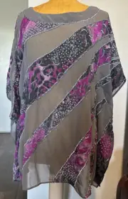 Chicos Size S/M Gray & Purple Striped Sequined Oversized Poncho Kimono Blouse