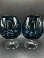 (2) MCM Empoli Style Teal Blue Glass Large Brandy Snifter. Beautiful Color.