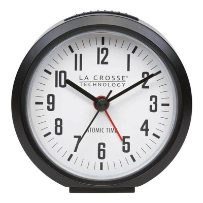 La Crosse Technology Alarm Clock 4" Round Black Atomic Analog Compact Precise