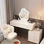 Vanity Desk with Mirror and Lights，Microfiber Leather Vanity Desk，Wood Vanity with Drawers and Chair，Suitable for Women and Girls(White,80cm)