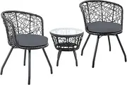 [Gardeon] 3pcs Wicker Patio Furniture, Bistro Set Table and Chairs Outdoor Lounge Setting Conversation Sets Dining Chair Garden Backyard, Cushion with Rattan Coffee Table Round Black