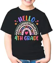 [SDVN] Hello 4th Grade Leopard Boho Rainbow 1st Day of School Fourth Grade Back to School Unisex Kids Shirt Youth T-Shirt (Black;XS)
