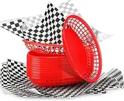 48 Pack Red Oval Fast Food Basket and 200 Pack Black Checkered Deli Liner Set 8.9 x 5.7 x 1.8 Inch Retro Style Plastic Food Baskets for Serving Burger Chip Food Baskets for Home, Restaurants, Picnic