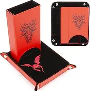 CASEMATIX Portable Tower and Tray Set With Non-Scratch Felt Interior - Folding 8" Auto Dice Roller for Fair & Random Rolling Compatible With Board Games, D&D and RPGs, Red