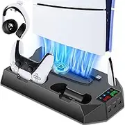 PS5/Slim/Pro Cooling Stand with Controller Charger Station for PlayStation 5/Slim Console Disc/Digital, PlayStation 5 Vertical Cooling Station with Remote Holder Charging Dock, Cooling Fan, 3 USB Hubs