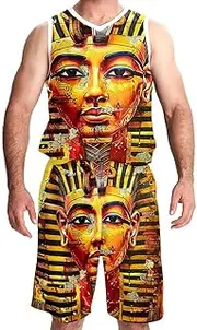 [KQNZT] Basketball Jersey with Shorts, Outfit Tank Top Track Shorts, Athletic Shirts for Team Scrimmage, Egyptian Pharaoh Retro Art