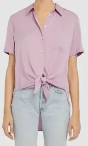 $295 Theory Women's Purple Short Sleeve Button Up Silk Tie Front Shirt Size L